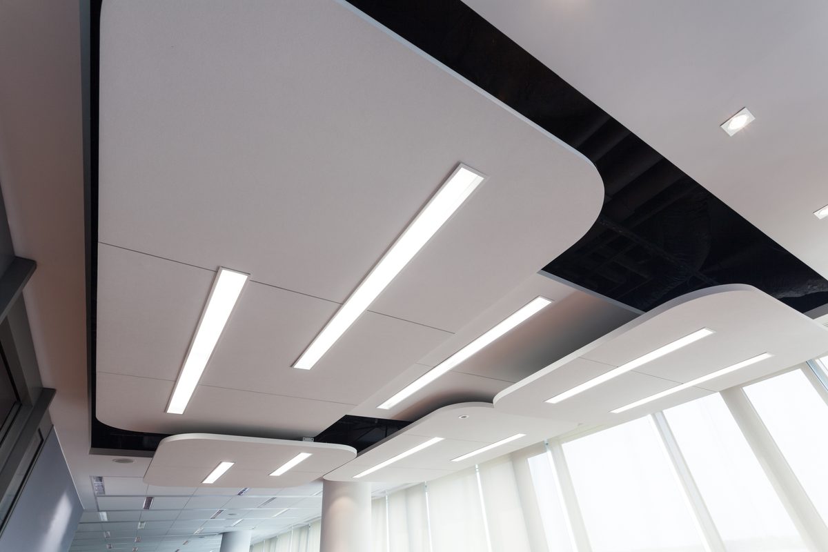 A curved white ceiling with long linear LED light strips set into it